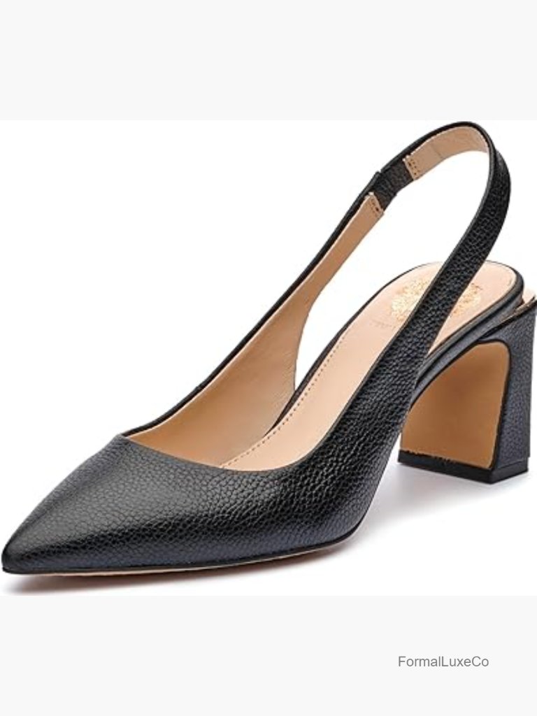Women's Slingback Pumps With Block Heel Pointed Toe Leather